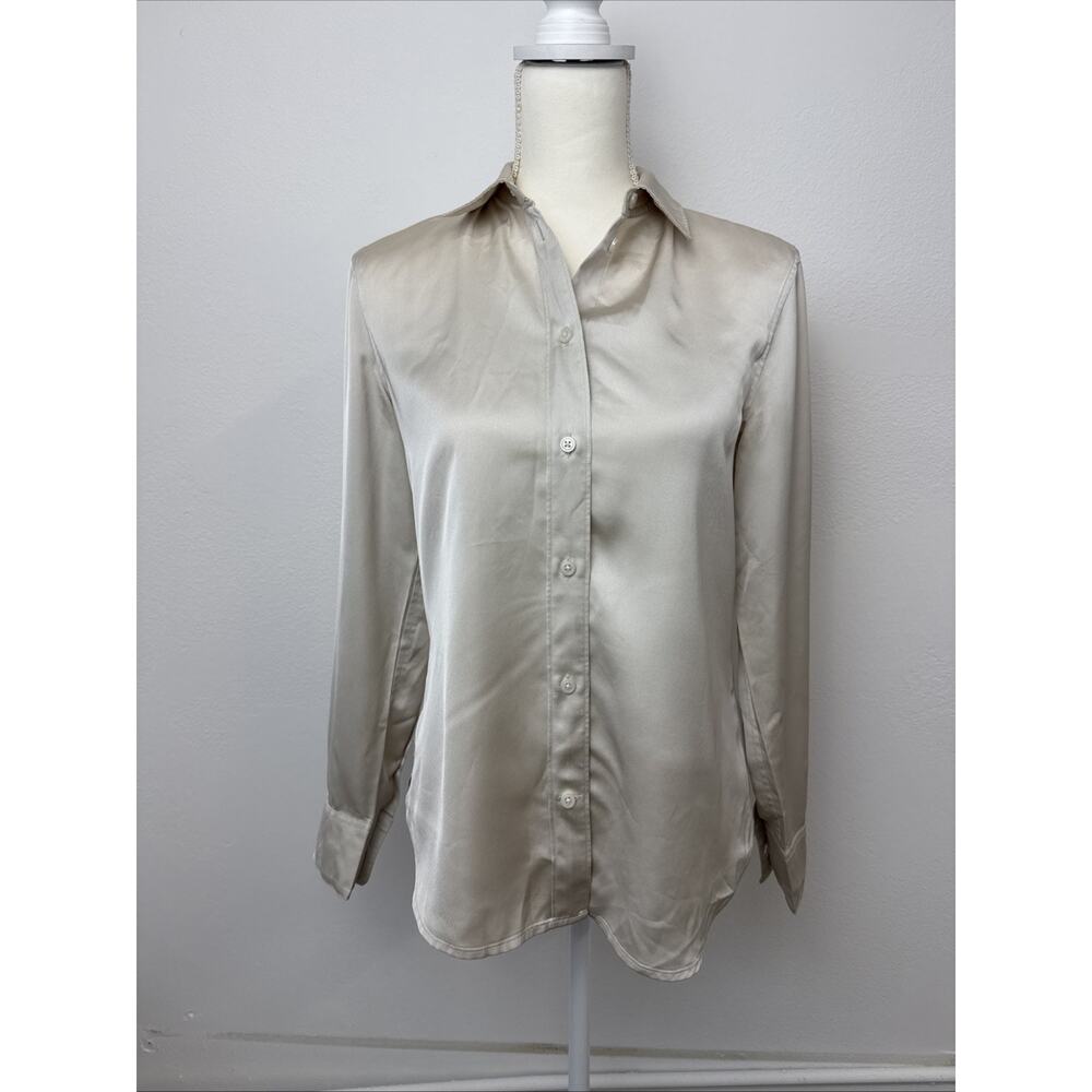 J Crew Womens Satin Silky Blouse LS Button Up Down Beige Shirt Top Slim 4